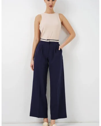 Pantaloni dama,  talie inalta, picior larg, albastru marin, poliester-elastan