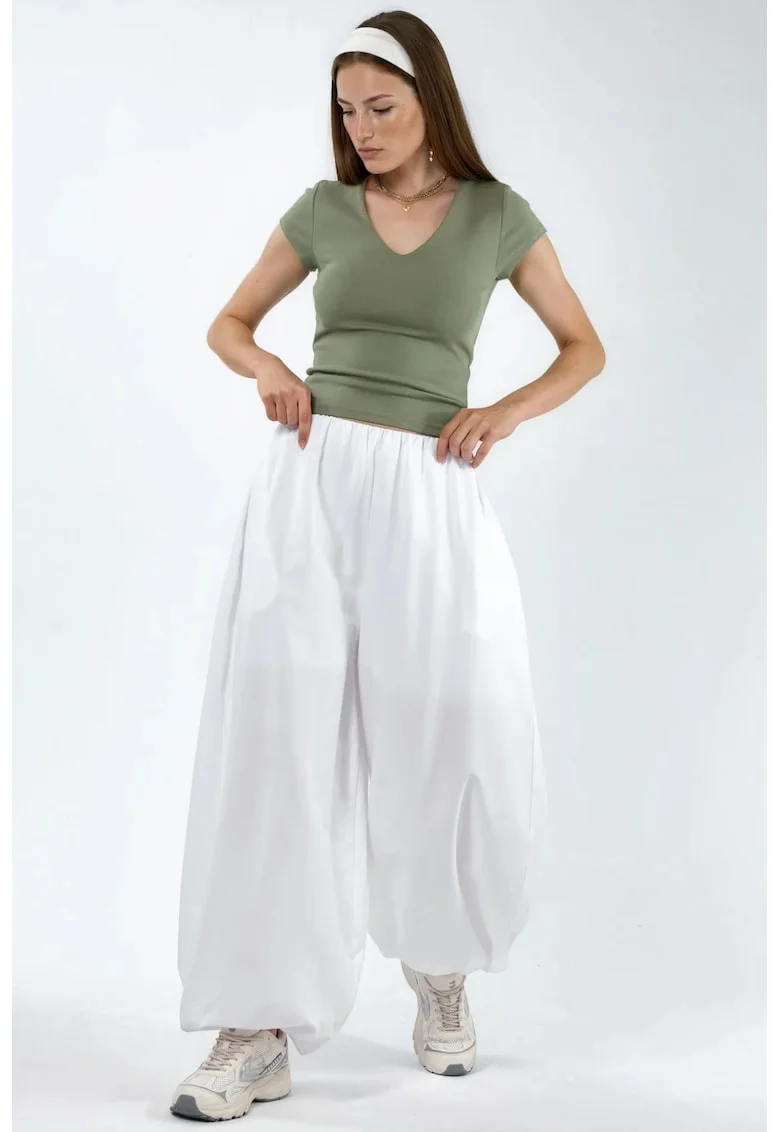 Pantaloni dama  balon, elastic, alb, bumbac/poliester