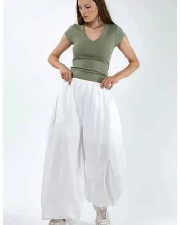 Pantaloni dama  balon, elastic, alb, bumbac/poliester