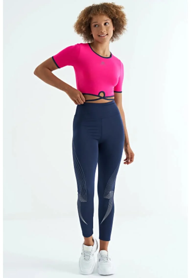 Tricou  crop, elastic, roz magenta, poliester-elastan