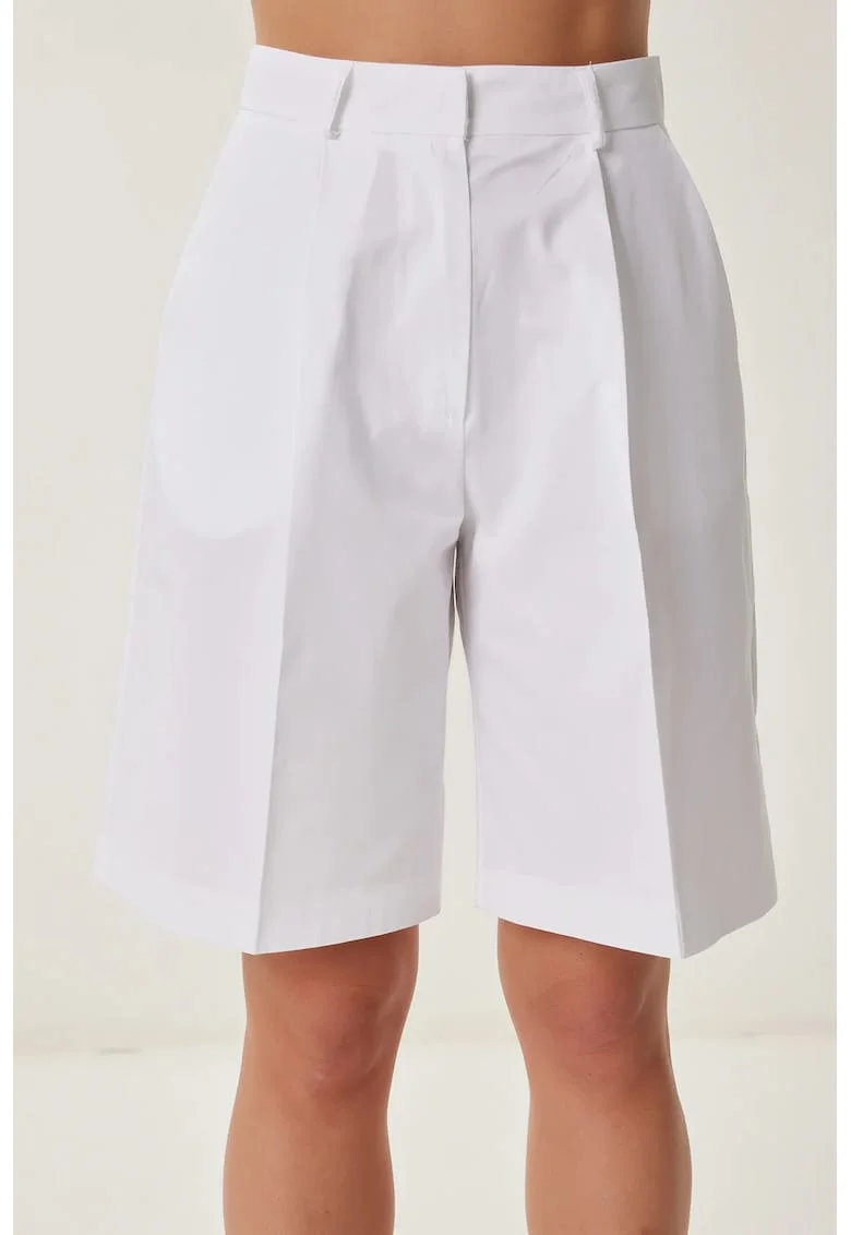 Pantaloni scurti, Happiness Istanbul, casual, cu curea, alb, 100% bumbac