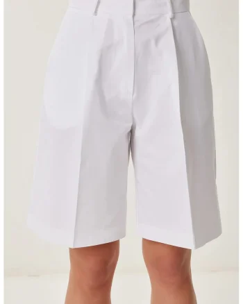 Pantaloni scurti, Happiness Istanbul, casual, cu curea, alb, 100% bumbac