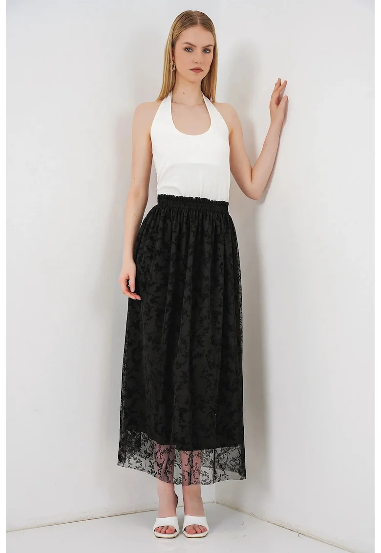 Fusta maxi  floral, casual, neagra, 100% bumbac, fara inchidere,