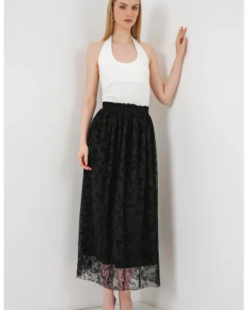 Fusta maxi  floral, casual, neagra, 100% bumbac, fara inchidere,