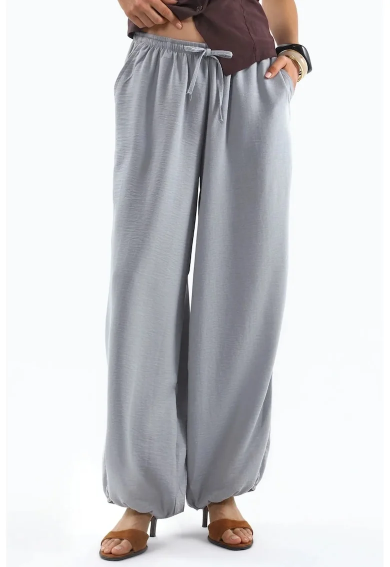 Pantaloni dama,  picior larg, talie cu snur, gri, poliester
