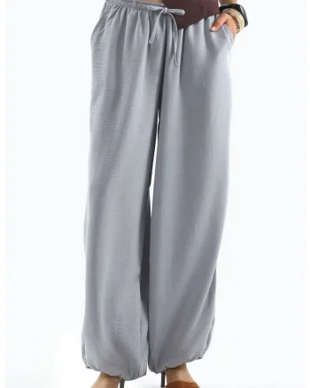 Pantaloni dama,  picior larg, talie cu snur, gri, poliester