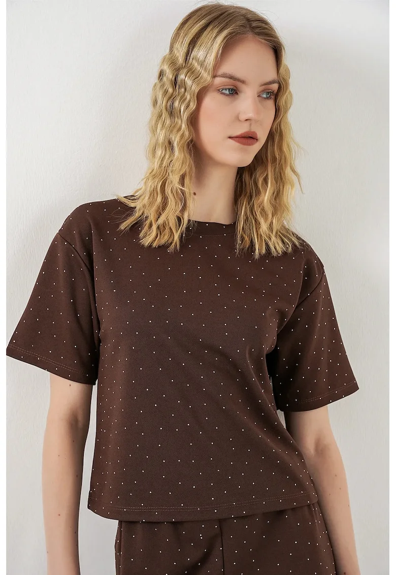 Tricou  regular fit, imprimeu buline, maro, poliester/elastan