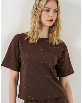 Tricou  regular fit, imprimeu buline, maro, poliester/elastan
