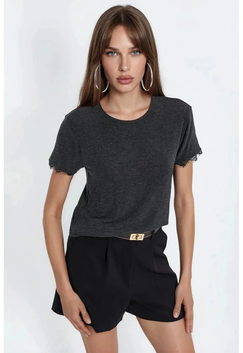 Tricou dama,  tricou cu guler rotund, maneca scurta, gri inchis, regular fit