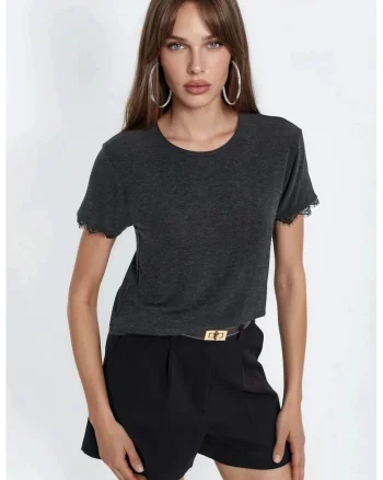 Tricou dama,  tricou cu guler rotund, maneca scurta, gri inchis, regular fit
