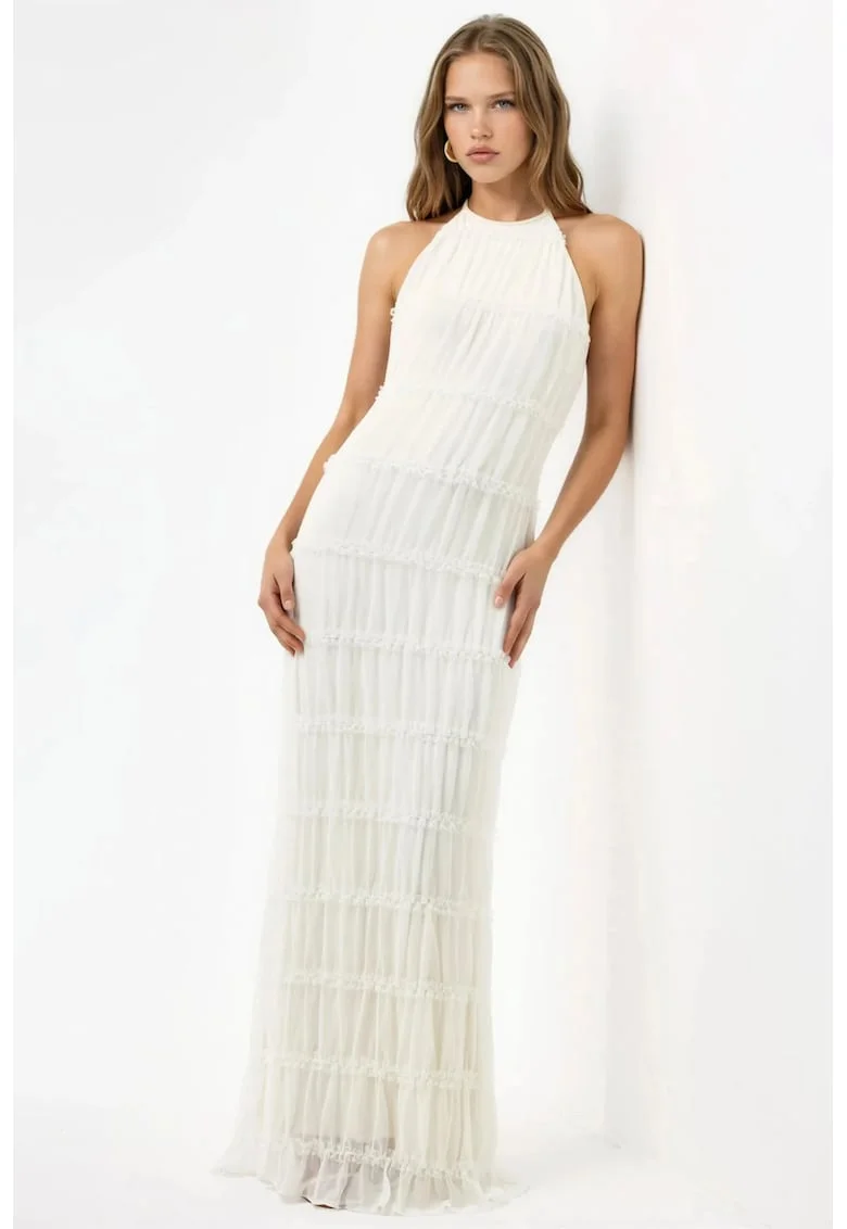 Rochie Maxi  cu Guler Halter, Alb, Casual, Poliester