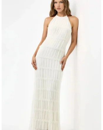 Rochie Maxi  cu Guler Halter, Alb, Casual, Poliester