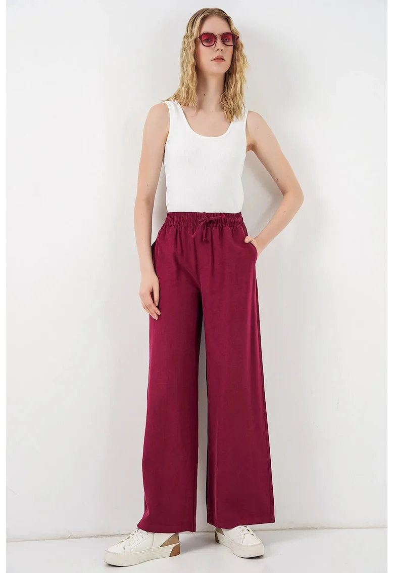 Pantaloni dama,  talie inalta, picior larg, rosu burgundy