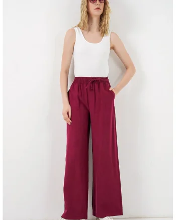 Pantaloni dama,  talie inalta, picior larg, rosu burgundy