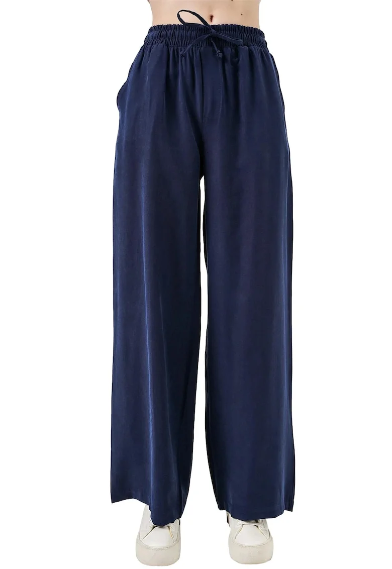 Pantaloni dama,  cu talie inalta, picior larg, albastru marin, fabricat din material de calitate
