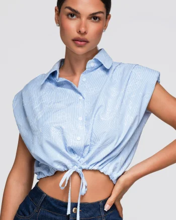 Camasa dama scurta cu guler clasic si fara maneci, material usor OW-SH-E0057, Albastru