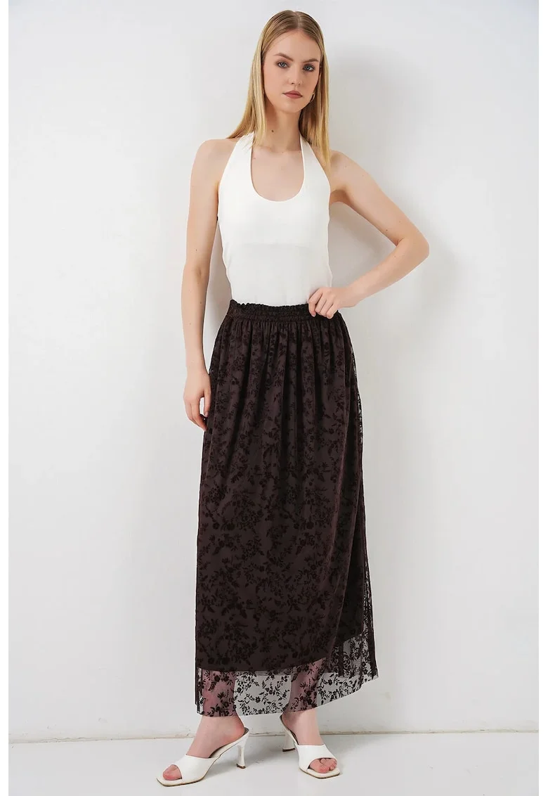 Fusta Maxi  Floral, Casual, Culoare Maro Mocha, 100% Bumbac, Fara Inchidere,