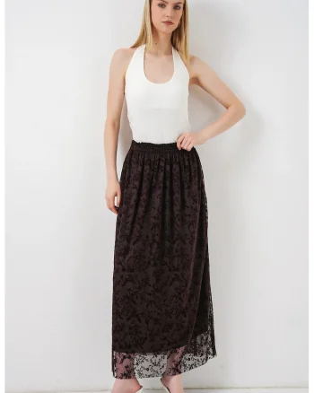 Fusta Maxi  Floral, Casual, Culoare Maro Mocha, 100% Bumbac, Fara Inchidere,