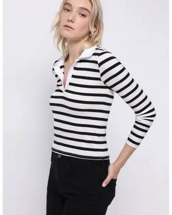 Pulover slim fit cu model in dungi, Alb/Negru
