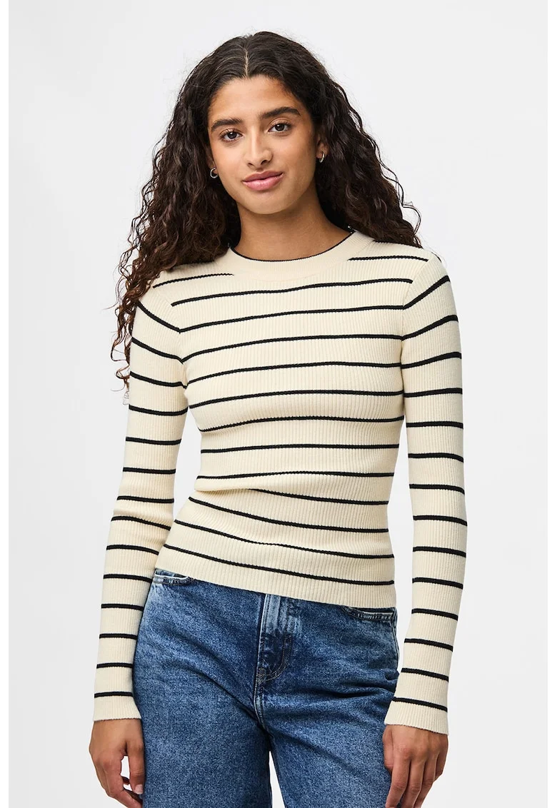 Pulover slim fit cu decolteu la baza gatului, Negru/Bej deschis