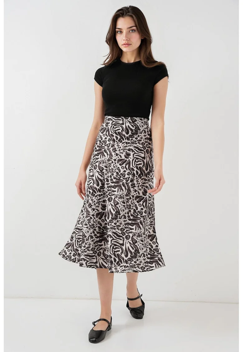 Fusta midi, HiCCUP, croiala in forma de A, satin, ecru/negru