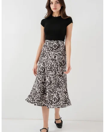 Fusta midi, HiCCUP, croiala in forma de A, satin, ecru/negru