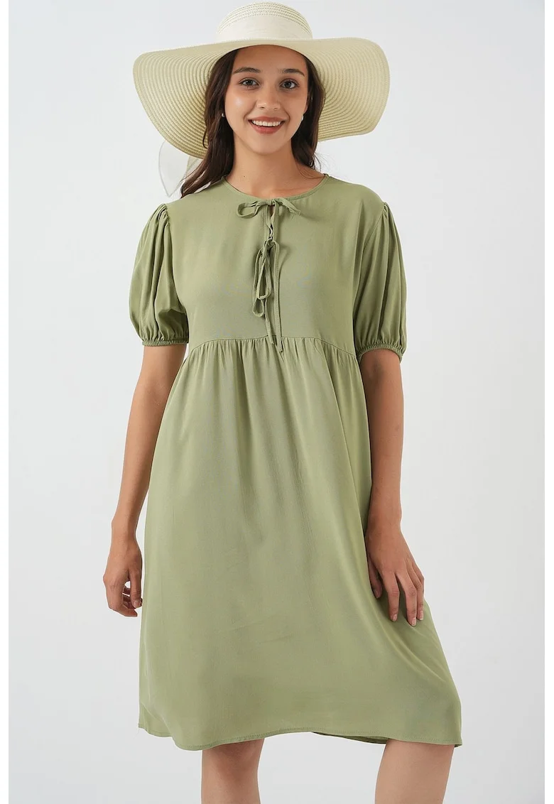 Rochie midi HiCCUP, verde padure, inchidere cu papion, material textil