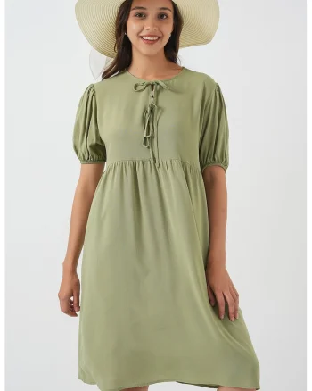 Rochie midi HiCCUP, verde padure, inchidere cu papion, material textil