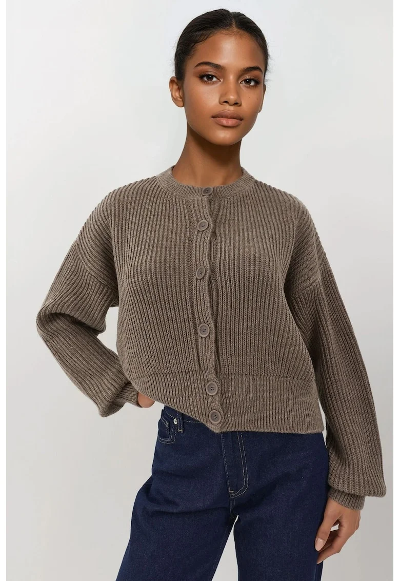Pulover dama,  cardigan texturat, guler rotund, maneca lunga, maro melanj, tricot