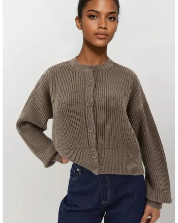 Pulover dama,  cardigan texturat, guler rotund, maneca lunga, maro melanj, tricot