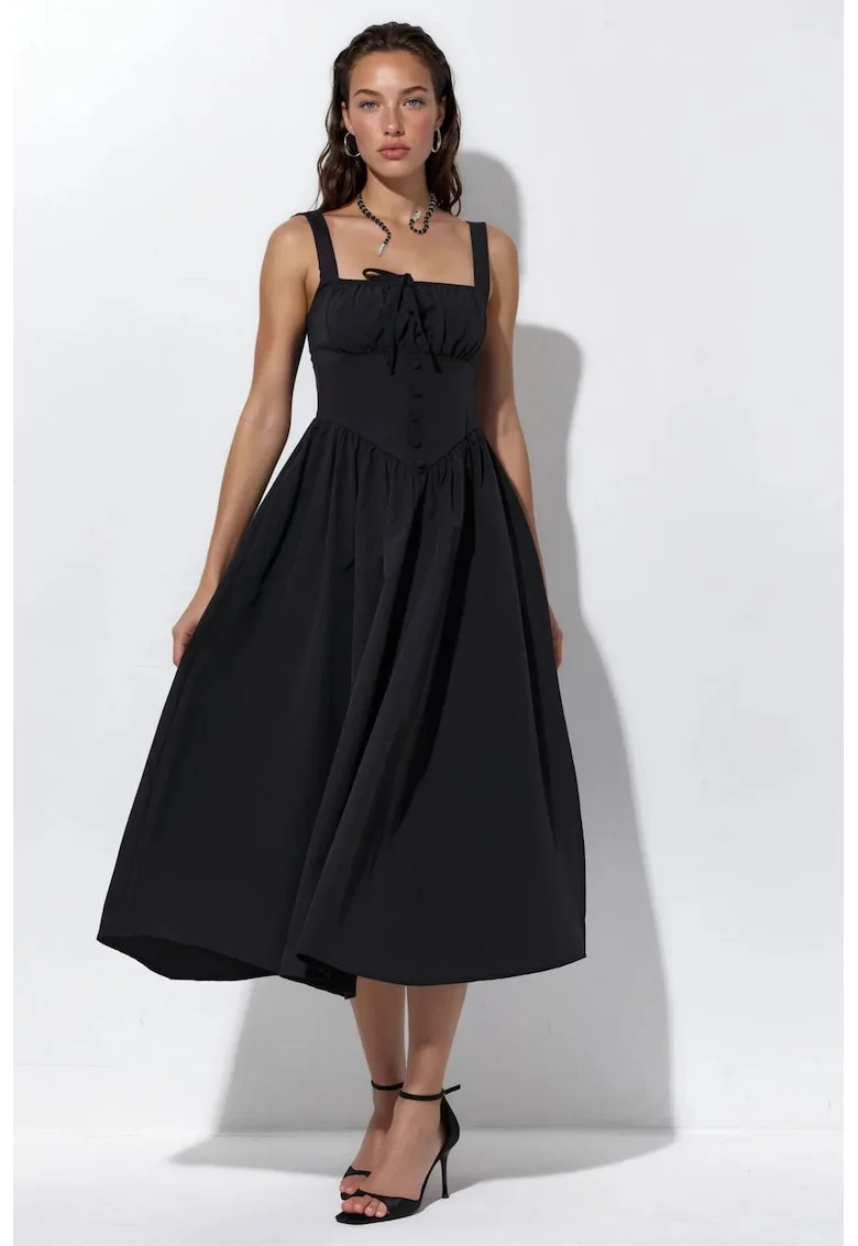 Rochie Midi  Casual, Guler Patrat, Negru, 65% Bumbac
