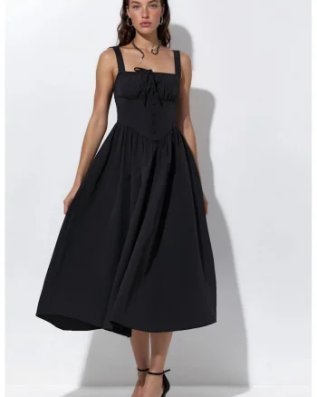 Rochie Midi  Casual, Guler Patrat, Negru, 65% Bumbac