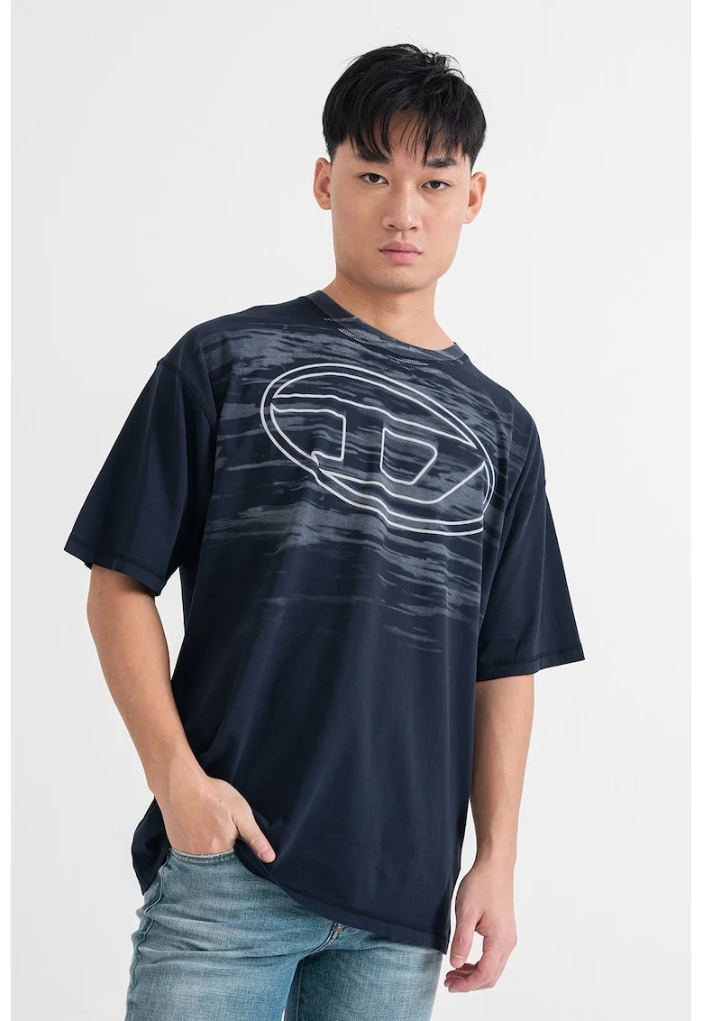 Tricou cu imprimeu logo si decolteu la baza gatului, Bleumarin
