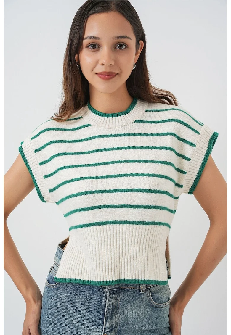 Pulover dama  vesta tricotata, dungi groase, tricot, Verde Smarald,