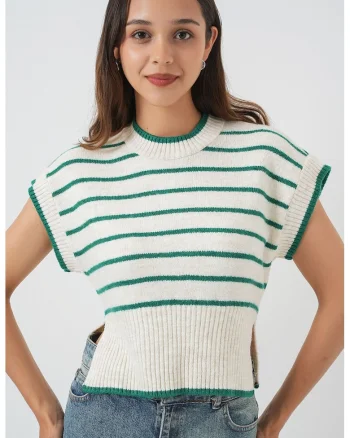 Pulover dama  vesta tricotata, dungi groase, tricot, Verde Smarald,