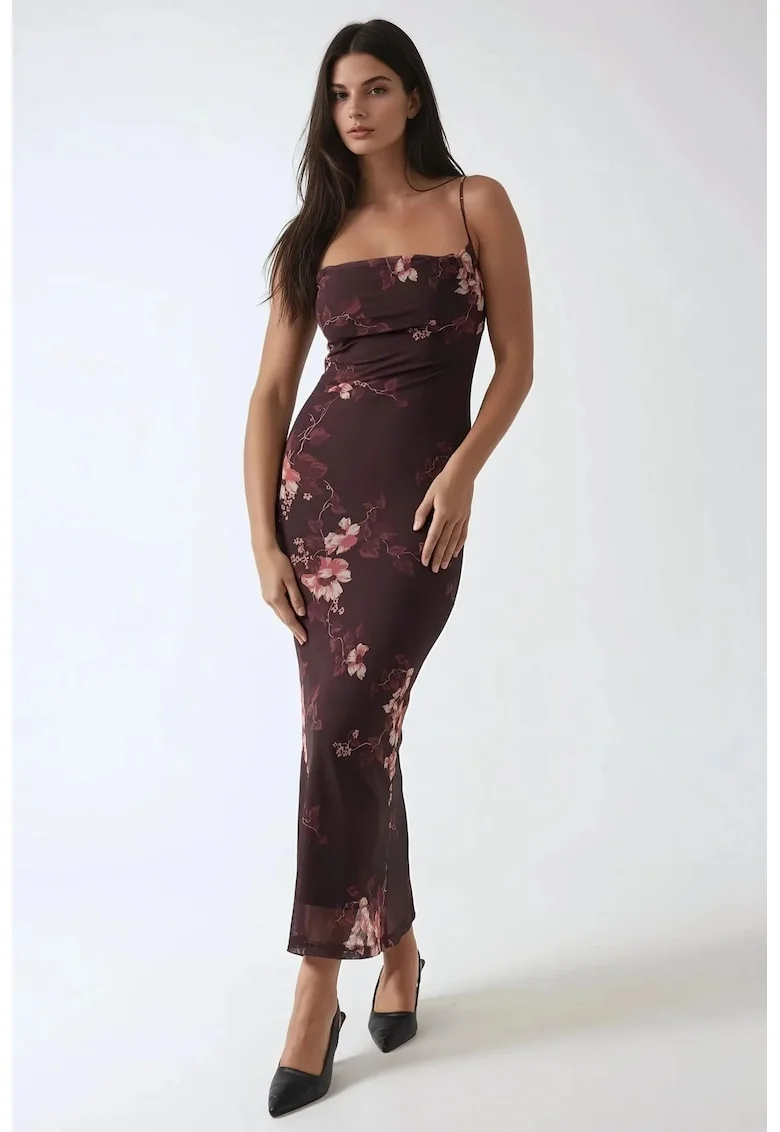 Rochie maxi mulata  imprimeu leopard, maneci lungi, maro, tul, Maro