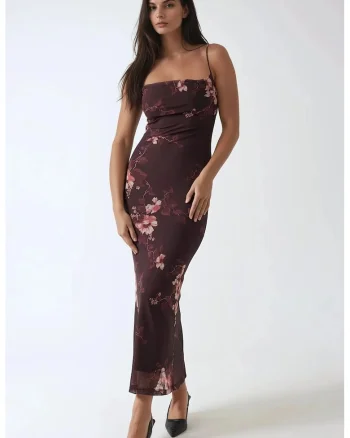 Rochie maxi mulata  imprimeu leopard, maneci lungi, maro, tul, Maro