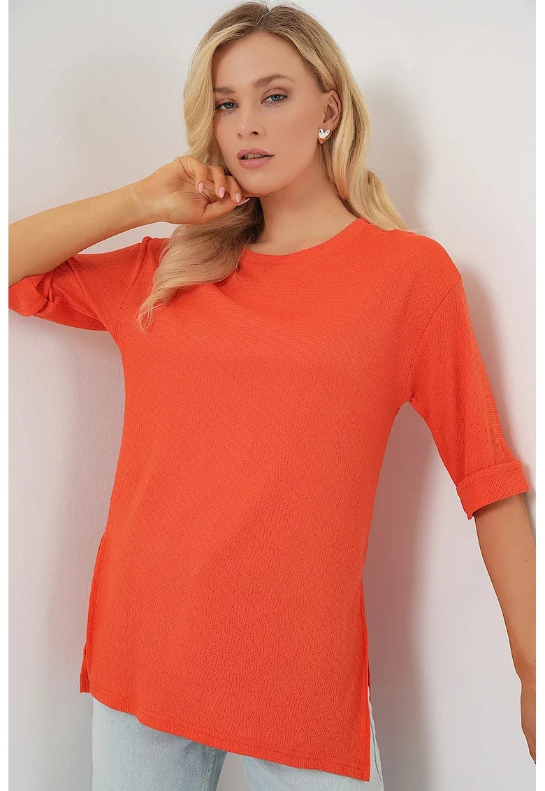 Tricou dama, HiCCUP, texturat, portocaliu, poliester, maneca scurta