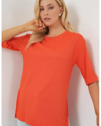 Tricou dama, HiCCUP, texturat, portocaliu, poliester, maneca scurta