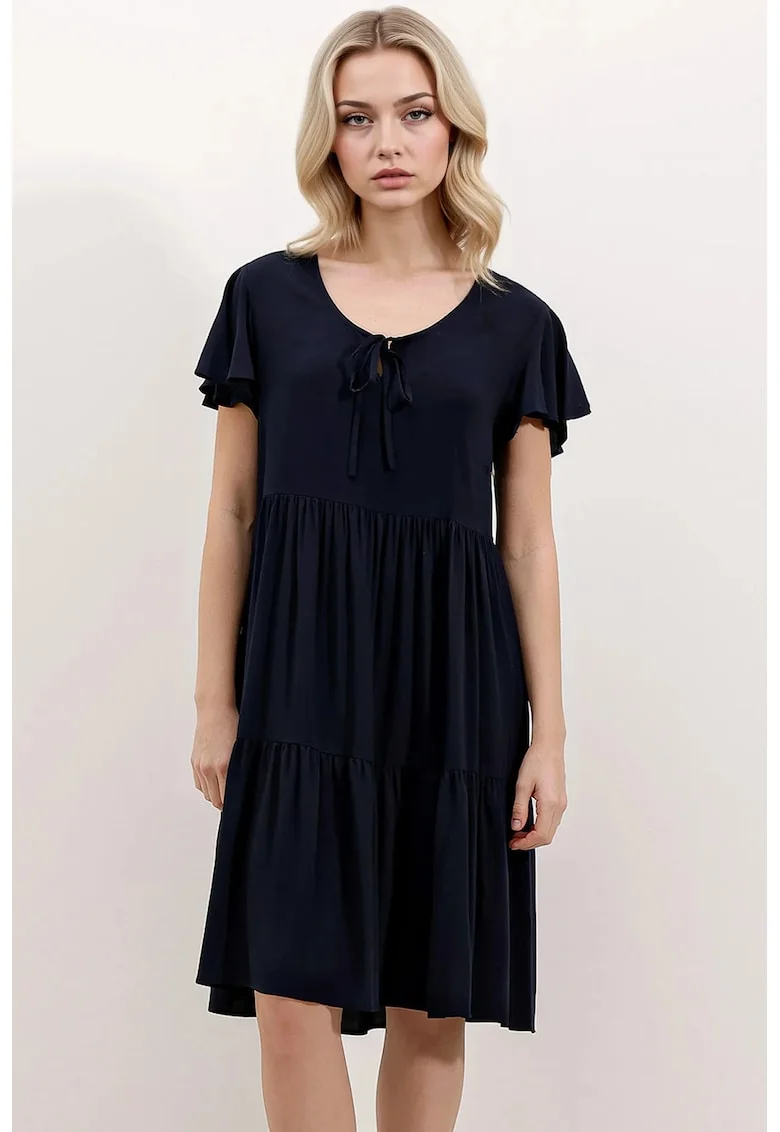 Rochie mini  cu decolteu in V, funda, viscoza, Albastru marin,