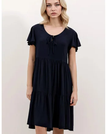 Rochie mini  cu decolteu in V, funda, viscoza, Albastru marin,