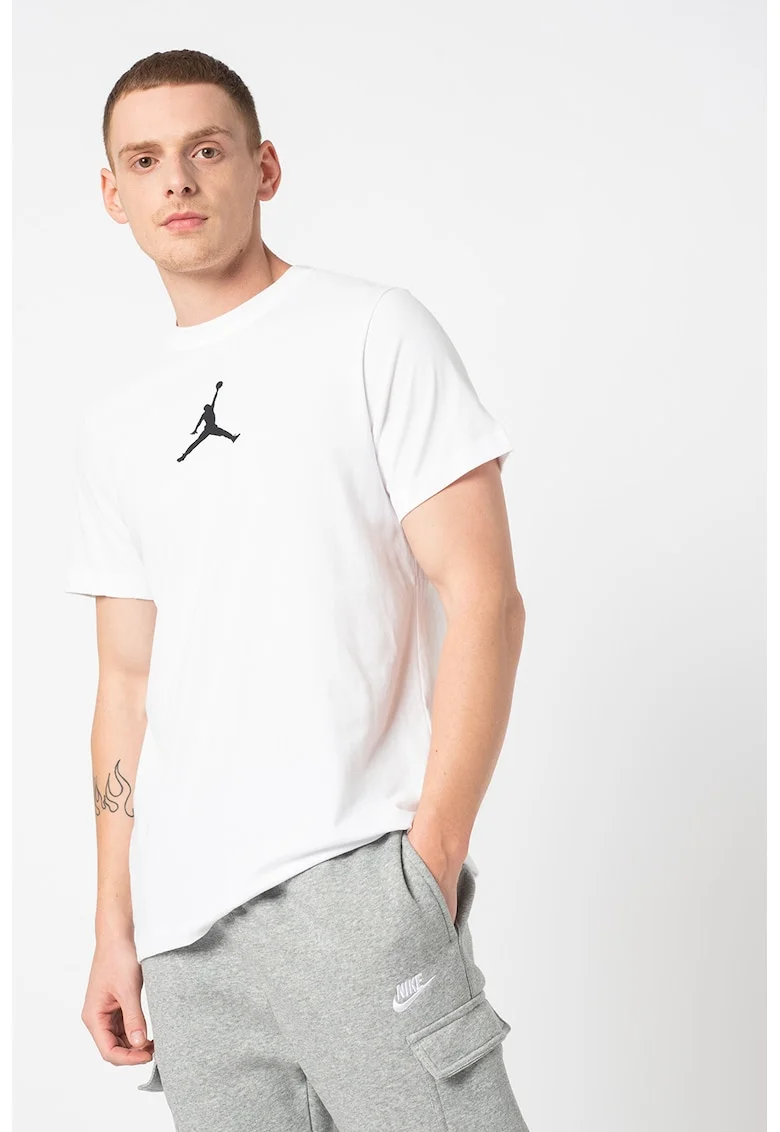 Tricou cu decolteu la baza gatului si logo Jordan Jumpman, Alb optic