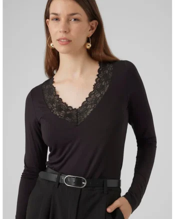 Bluza cu decolteu in V si detaliu de dantela, Negru