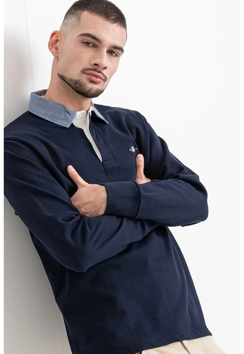 Bluza polo cu guler din material chambray, Albastru ultramarin