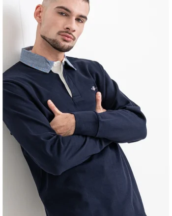 Bluza polo cu guler din material chambray, Albastru ultramarin