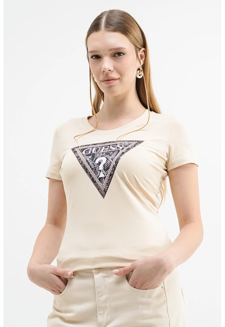 Tricou slim fit cu logo, Bej deschis
