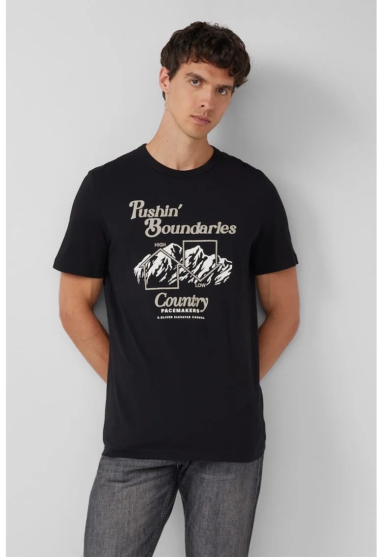 Tricou de bumbac cu imprimeu grafic, Negru/Maro taupe