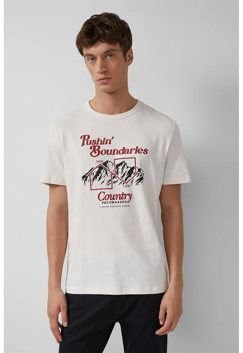 Tricou de bumbac cu imprimeu grafic, Alb/Rosu inchis