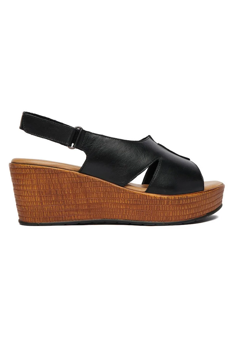 Sandale dama  piele naturala, toc compensat, velcro, Negru