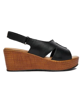 Sandale dama  piele naturala, toc compensat, velcro, Negru